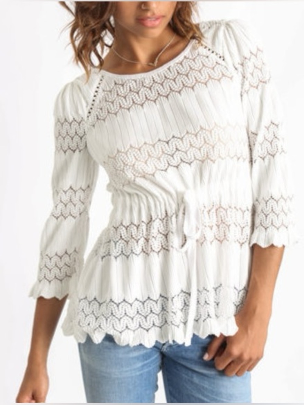 Free People Lace Knit Boho Bell Sleeve Peplum Top Cottagecore